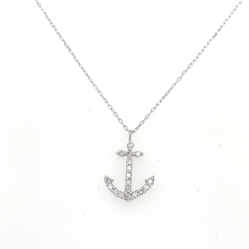 18K White Gold Round Shape Diamond Anchor Necklace (.11ctw)