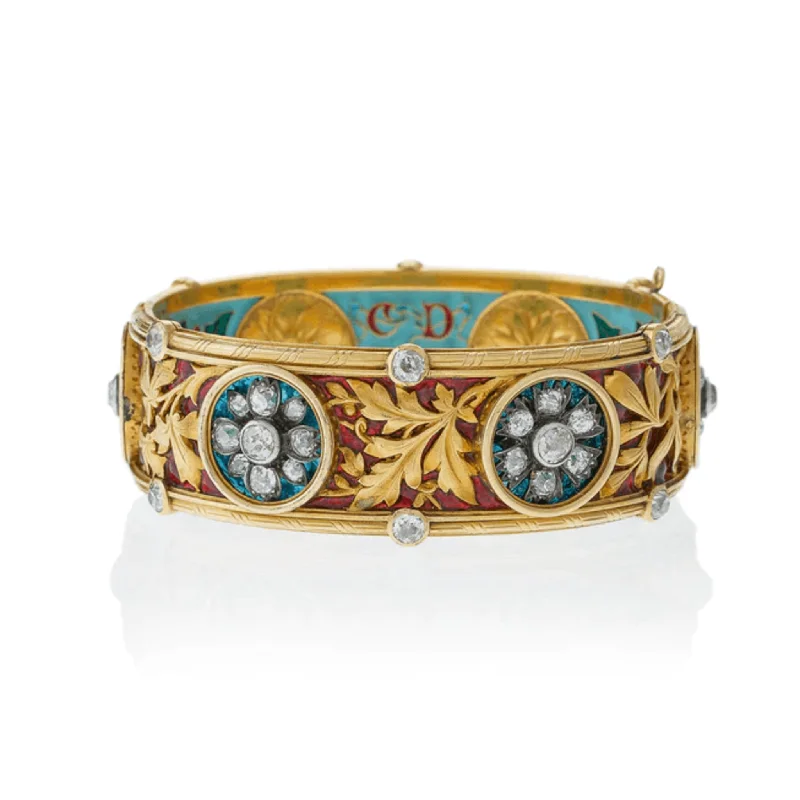 Bapst & Falize Paris Victorian Silver & 18KT Yellow Gold Diamond & Enamel Bracelet