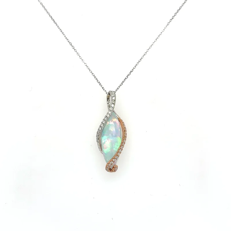 Bremer Jewelry 14K White/Rose Gold Marquise Shape Opal and Diamond Drop Necklace (4.64ctw)