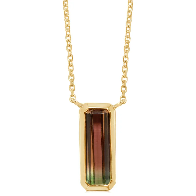 Bremer Jewelry 14K Yellow Gold Rectangle Shape Watermelon Tourmaline Bezel Necklace (1.83ctw)