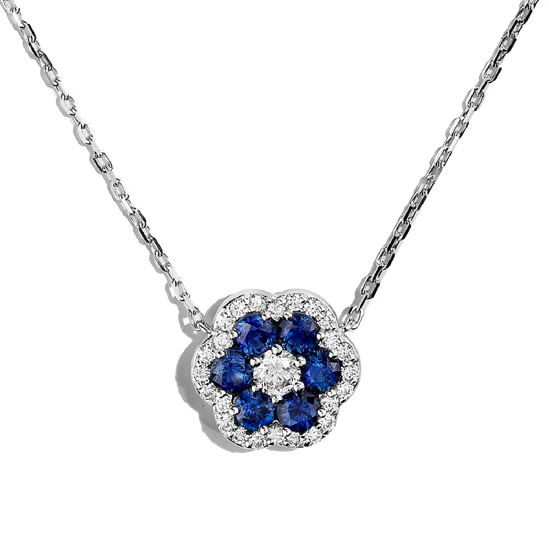 Bremer Jewelry 18K White Gold Round Sapphire and Diamond Cluster Necklace (1.93ctw)