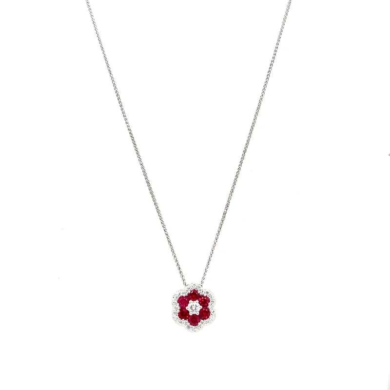 Bremer Jewelry 18K White Gold Round Shape Rubies and Diamonds Cluster Pendant (.78ctw)