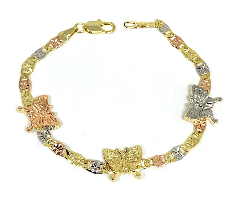 Gold Plated Tri-Color Butterfly Charm Bracelet 7.5 Inch Valentina Bracelet