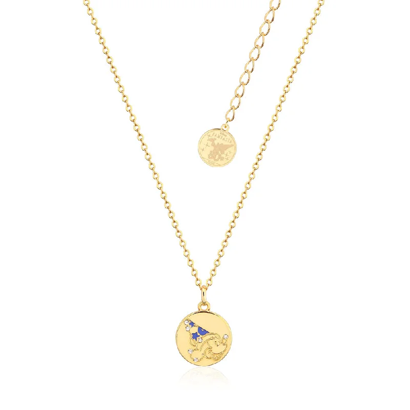 Disney Fantasia Gold Plated Sorcerer's Mickey Reversible Medallion Pendant on Chain