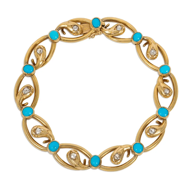 French Antique 18KT Yellow Gold Diamond & Turquoise Snake Bracelet