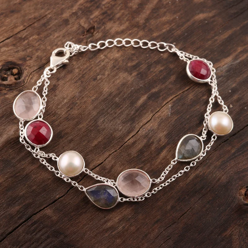 Glamorous Glisten Multi-Gemstone Station Strand Bracelet from India