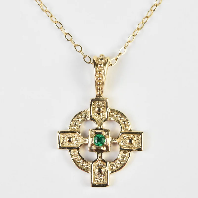 Gold Celtic Cross & Emerald Necklace