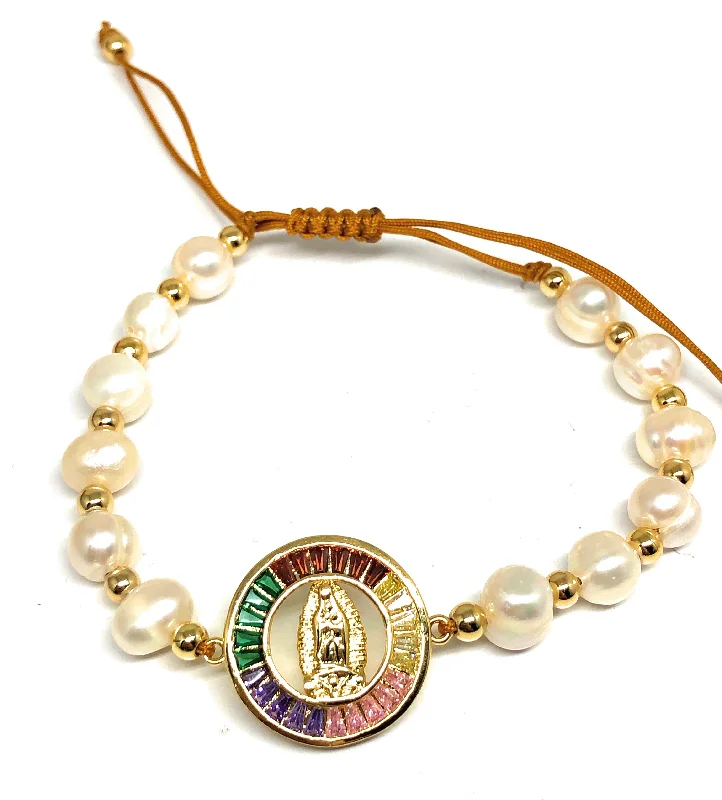 Gold Plated Colorful CZ Virgin Mary Pearl Bracelet Virgen De Guadalupe Pulsera 8" Adjustable