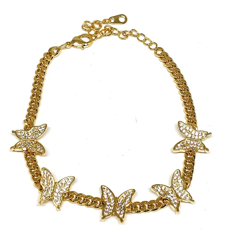 Gold Plated CZ Butterfly Charm Miami Cuban Link Bracelet 7-9 inch adjustable