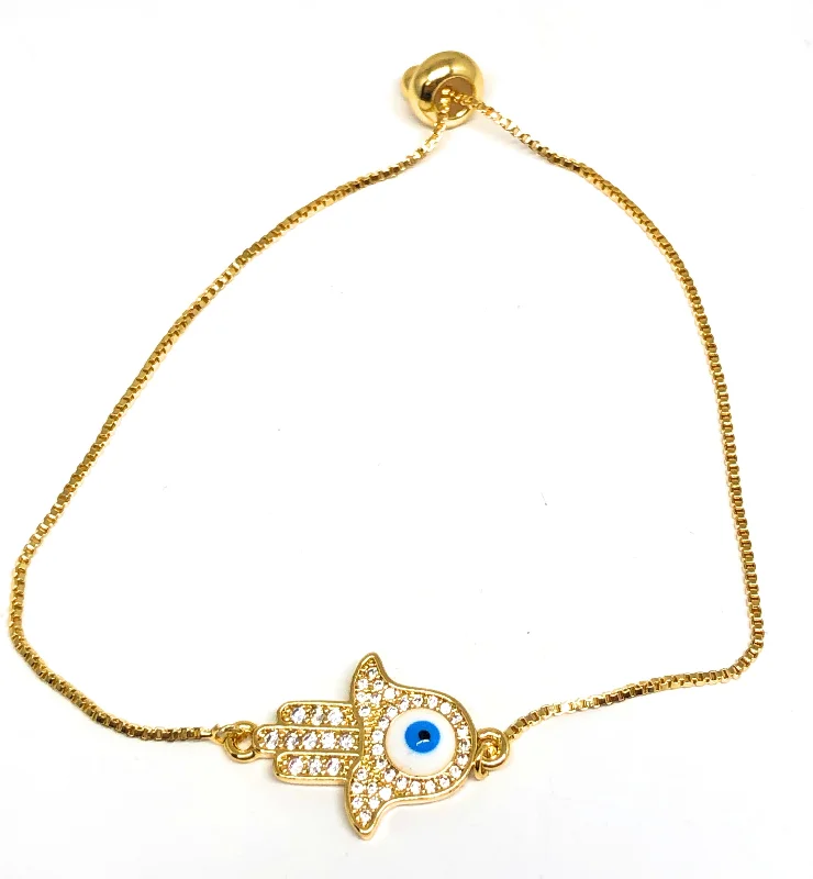 Gold Plated Hamsa Hand Evil Eye Adjustable Bracelet 9 inch