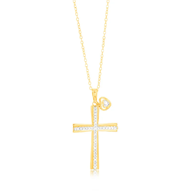 Gold Plated Sterling Silver Religious Cross and Heart Pendant on 46cm Chain