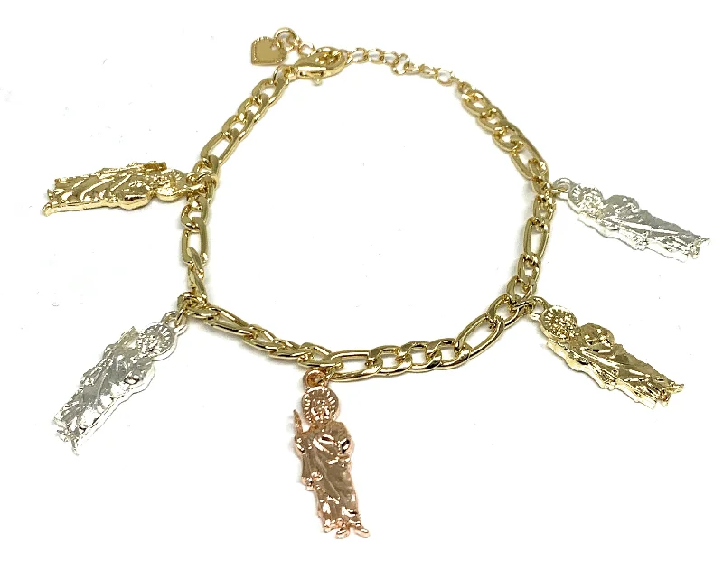 Gold Plated Tri-Color Saint Jude Charms Figaro Bracelet San Judas Esclava 8"