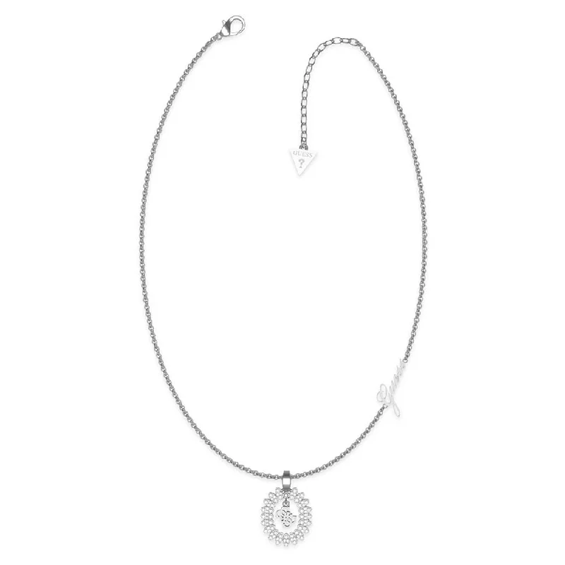 Guess Rhodium Plated Stainless Silver White CZ Charm on 16-18" Chain