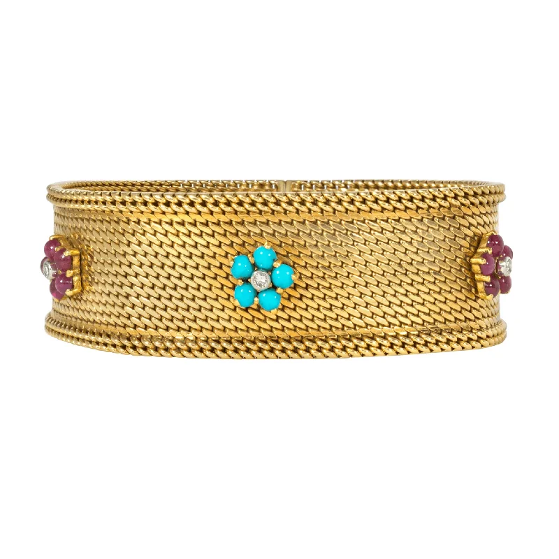 Marchak Paris Georges Lenfant 1950s Platinum & 18KT Yellow Gold Turquoise, Diamond & Ruby Bracelet