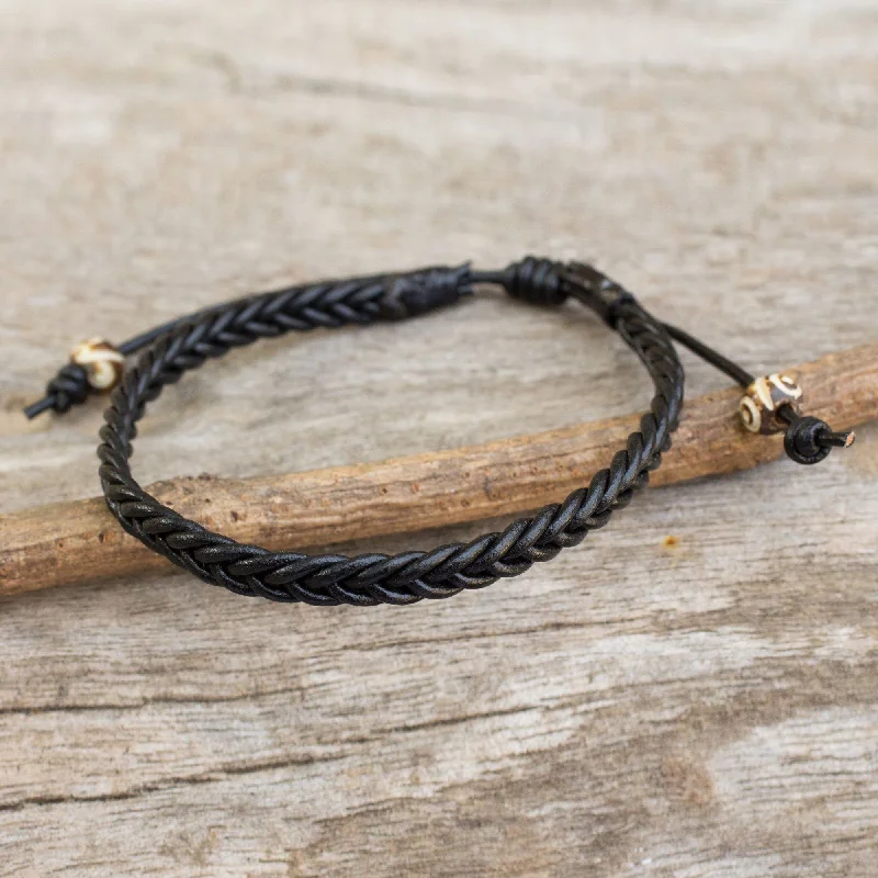 Men's Black Leather Braided Bracelet