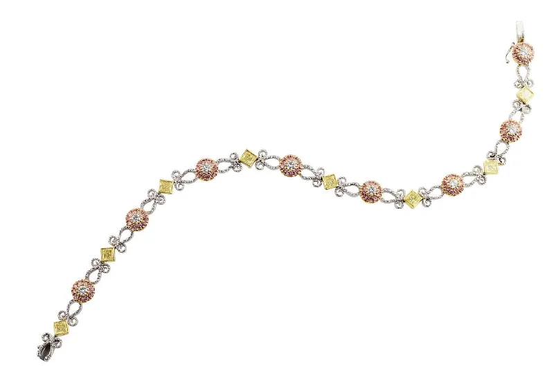 18k White Gold 4.23ctw Pink and Yellow Diamond Filigree Bracelet