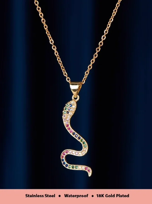 Rubans Voguish 18K Gold Plated Stainless Steel Waterproof Chain With Multicolour Zircons Studded Serpent Pendant .