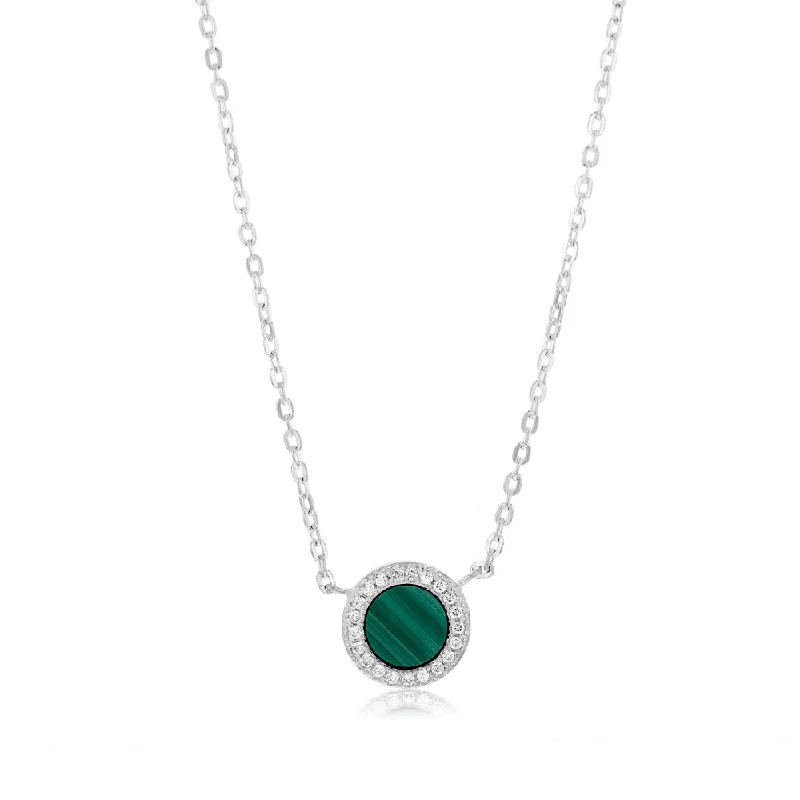 Sterling Silver Cubic Zirconia Created Malachite Round Pendant On 45cm Chain