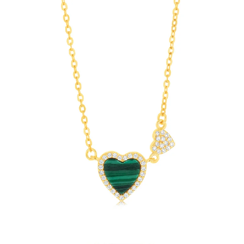 Sterling Silver Gold Plated Created Malachite Heart Pendant On Chain