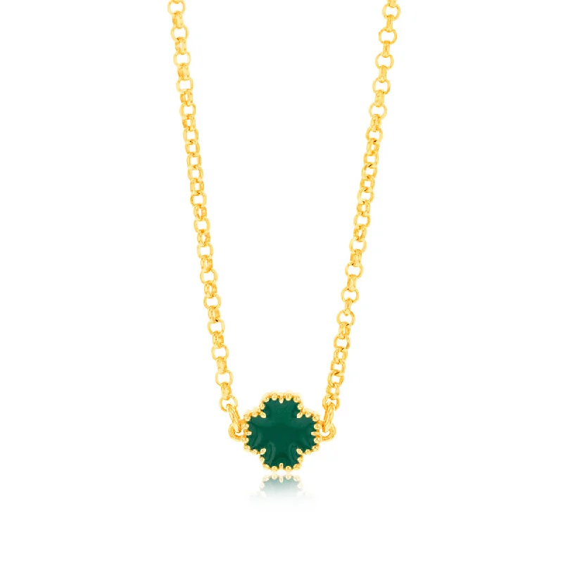 Sterling Silver Gold Plated Green Four Leaf Enamel Flower Pendant On chain