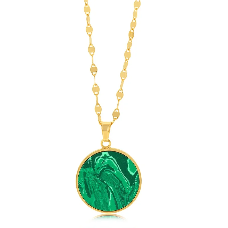 Sterling Silver Gold Plated Malachite Round Pendant On 45cm Chain