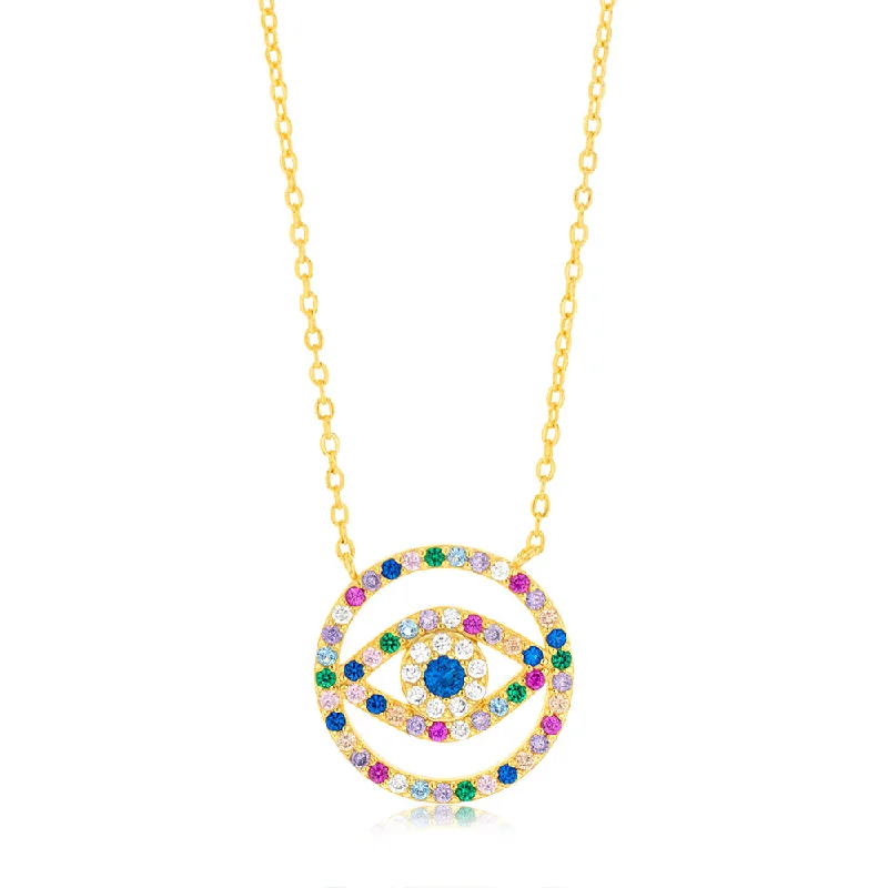 Sterling Silver Gold Plated Multicolour Zirconia Evil Eye Pendant on 45.7cm Chain