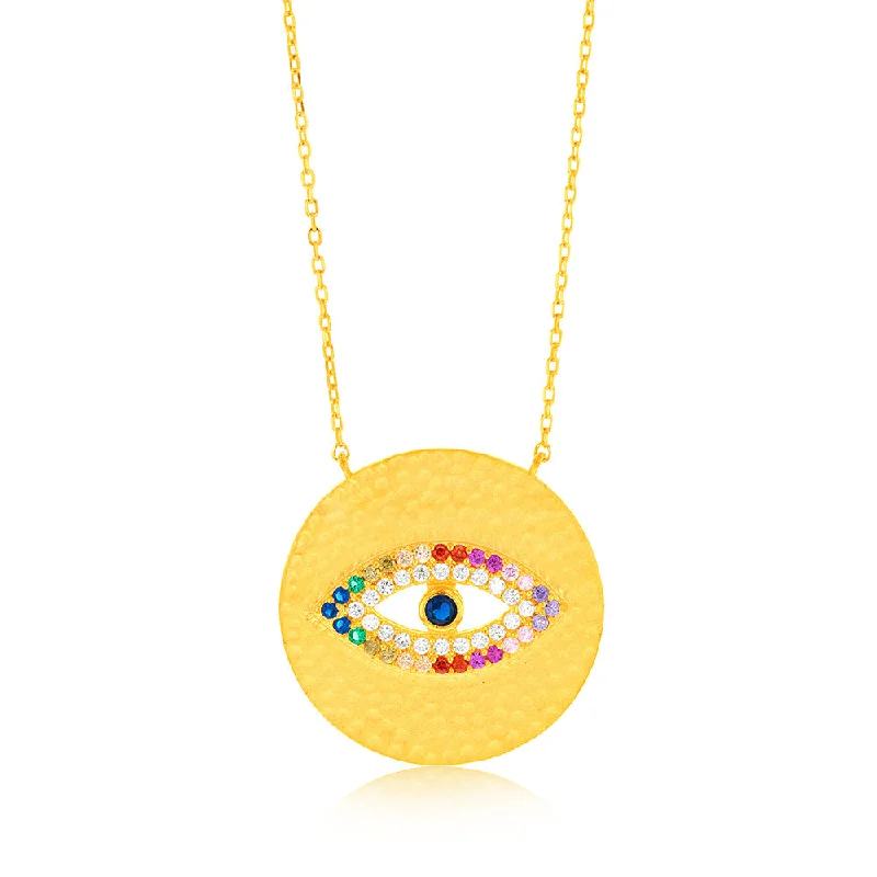 Sterling Silver Gold Plated Multicolour Zirconia Evil Eye Round Disc Pendant On 45cm Chain