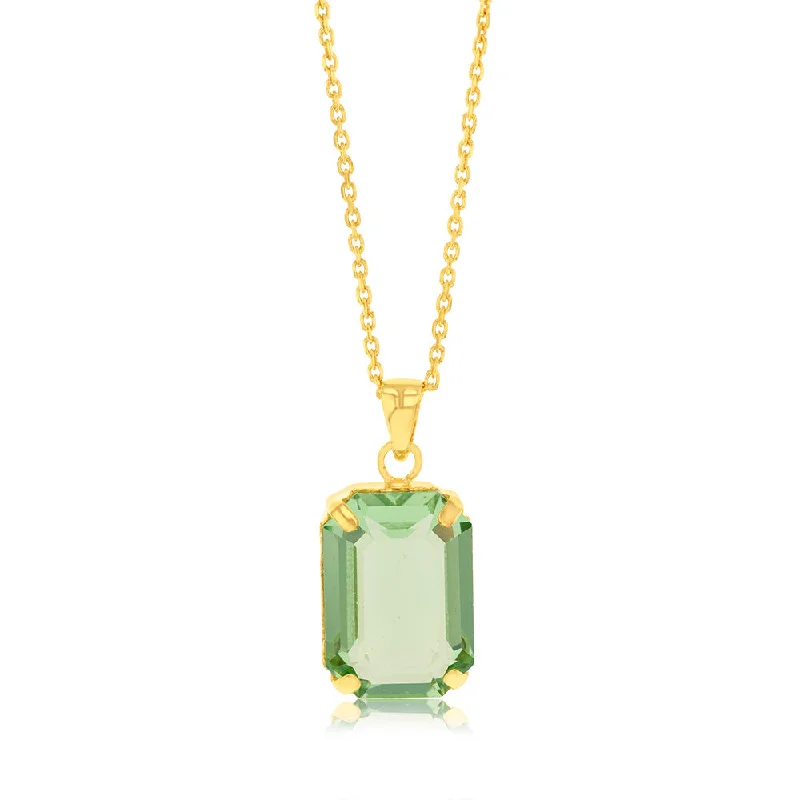 Sterling Silver Gold Plated Rectangle Green Crystal Pendant On Chain