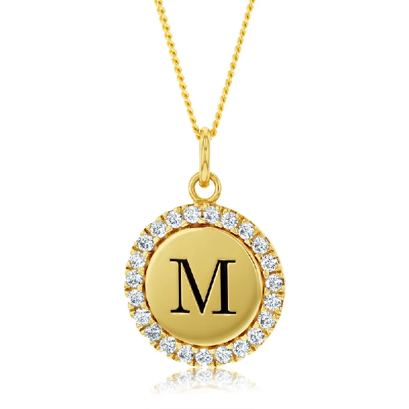 Sterling Silver Gold Plated Round Initial "M" Pendant On 45cm Chain