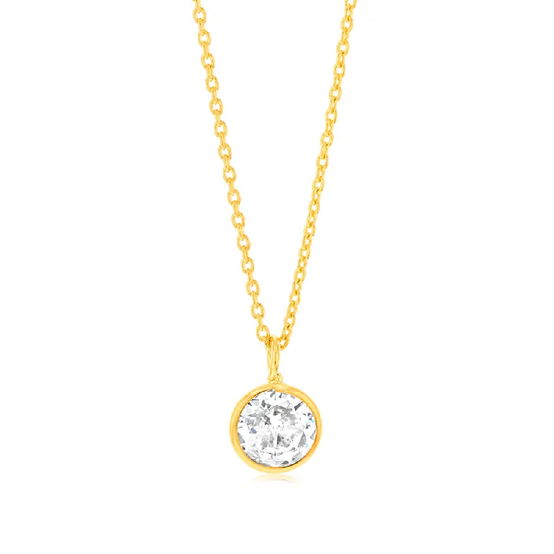 Sterling Silver Gold Plated Round Zirconia Pendant On Chain