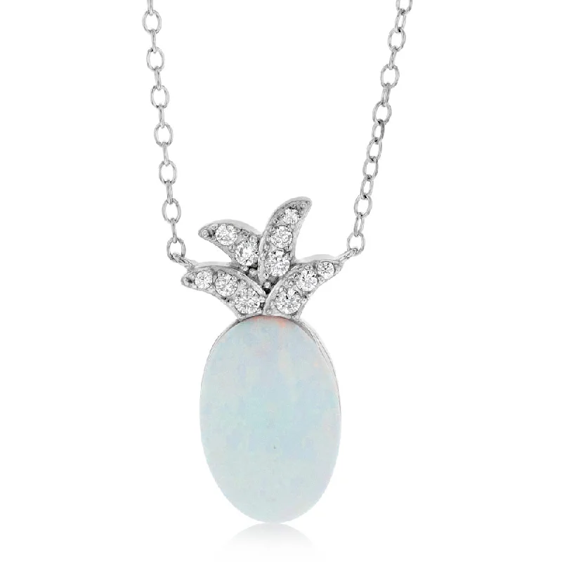 Sterling Silver Rhodium Plated Created White Opal Pendant With 45cm Chain