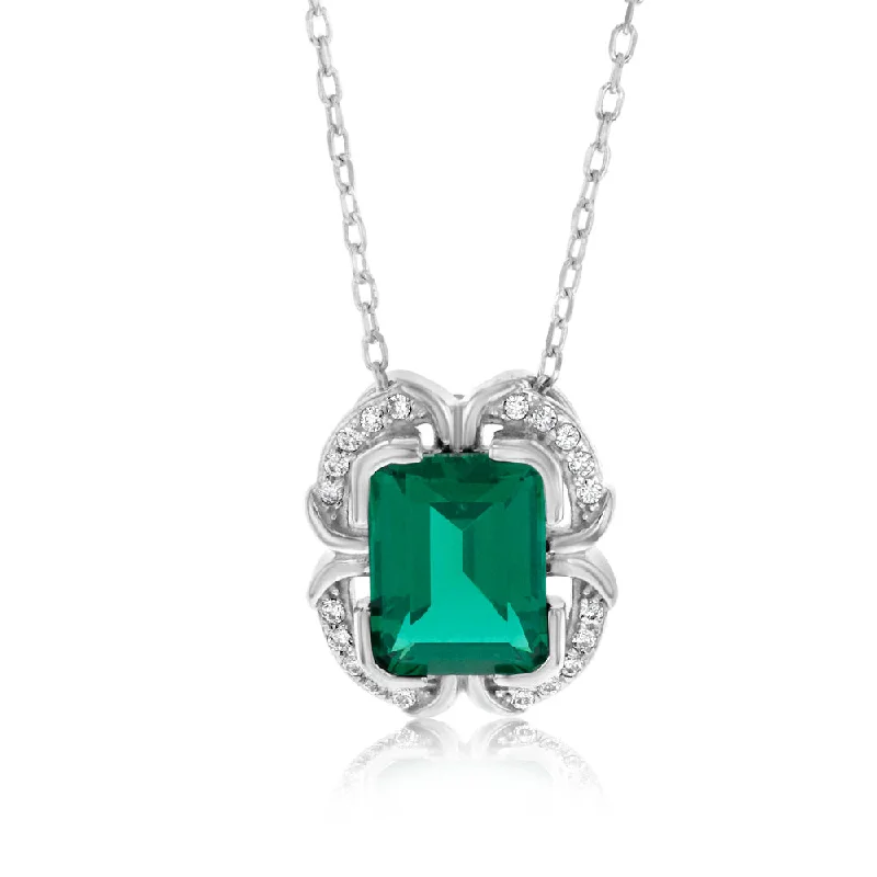 Sterling Silver Rhodium Plated Emerald And White CZ Pendant With 45cm Chain