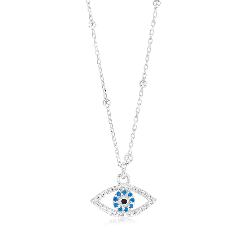 Sterling Silver Zirconia Evil Eye Pendant On 42+3cm Chain