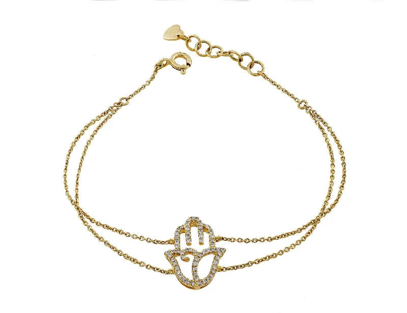 Yellow Gold Diamond Hamsa Double Chain Bracelet